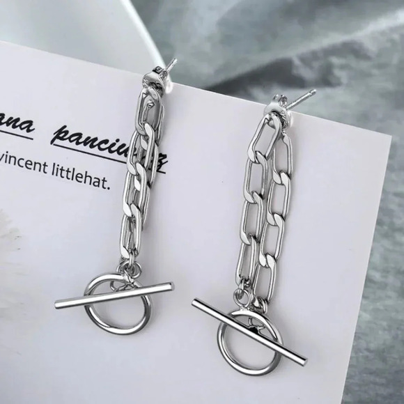 925 Sterling Silver Toggle Chain Drop Earrings Minimalist Curb Link Earrings - Picture 1 of 7